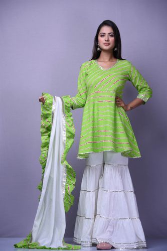 Green Leheriya Peplum with White Garara and Frill Dupatta