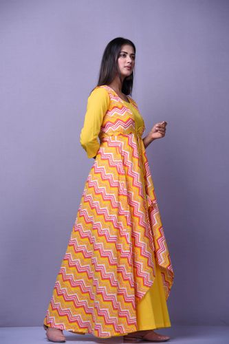 Yellow Floor Length Dress with Leheriya Cape