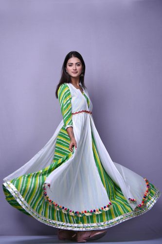 Green Leheriya Dress with White Cape