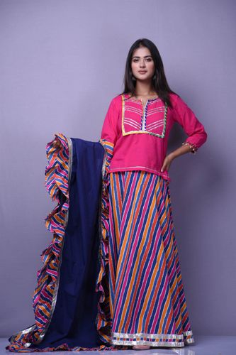 Magenta Top with Leheriya Skirt and Frill Dupatta