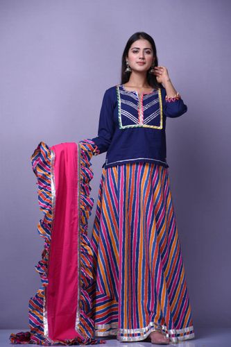 Navy Blue Top with Leheriya Skirt and Frill dupatta