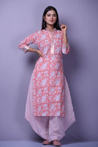 Peach and White Printed Kurta with Afghani Salwar