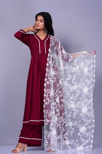 Burgundy Suit Set with Net Dupatta