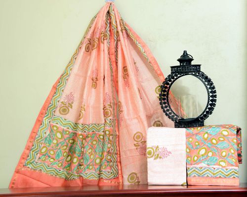 Peach Chanderi Silk Unstitched Suit Set