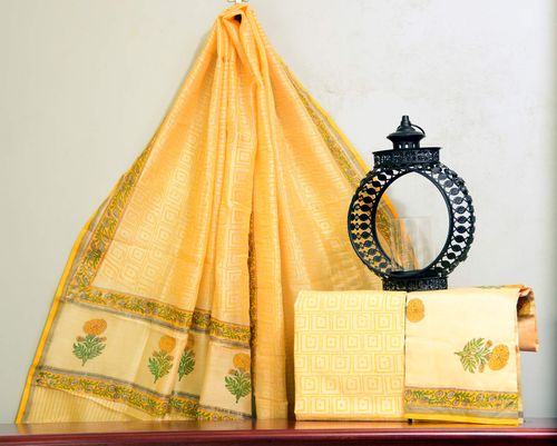 Yellow Chanderi Silk Unstitched Suit Set