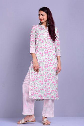 White and Pink Collared Hand Block Suit Set