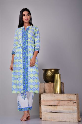 Blue and Green Hand Block Suit Set