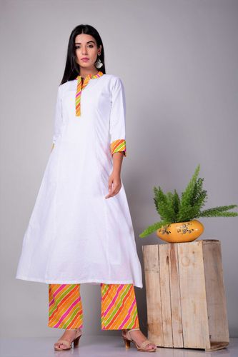 White Kantha A Line Kurta with Multicolored Palazzo