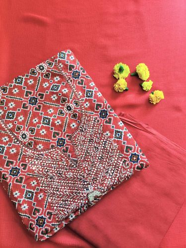 Red Printed Hand Work Suit Set