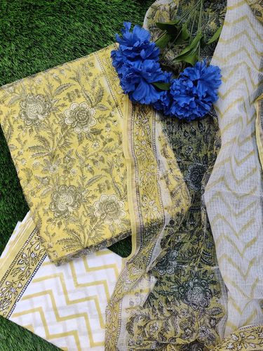 Yellow Floral Hand Blocked Kota Suit Set