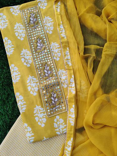 Yellow Booti Print Cotton Suit Set