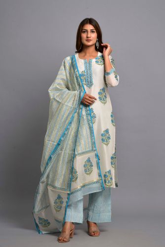 White & Blue Chanderi Silk Suit Set