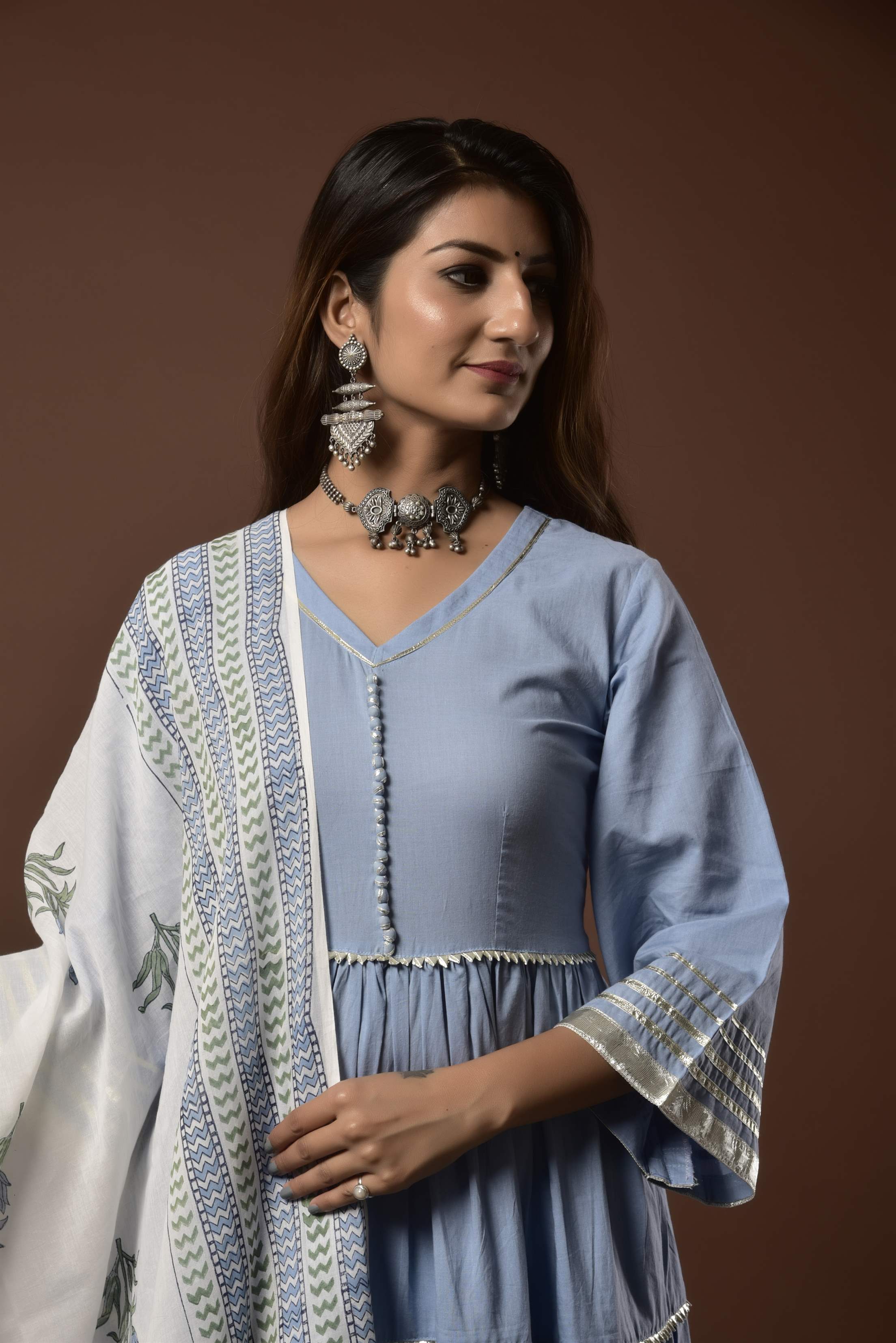 Buy Blue Mangalgiri Cotton Embroidery Asmani Champa Sitara Anarkali Set For  Women by Label Earthen Online at Aza Fashions.