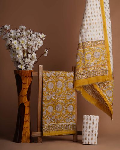 Mustard & White Chanderi Silk Suit Fabric