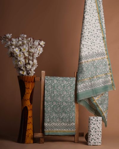 Sea Green & White Chanderi Silk Suit Fabric