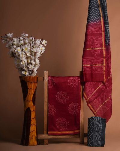 Maroon and Grey Chanderi Silk Suit Fabric