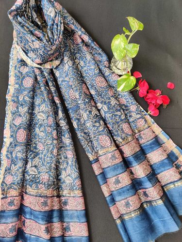 Blue Floral Chanderi Silk Dupatta