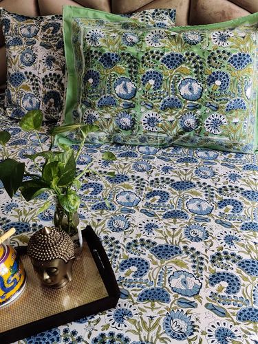 Blue & Green Block Printed Double Bed Sheet