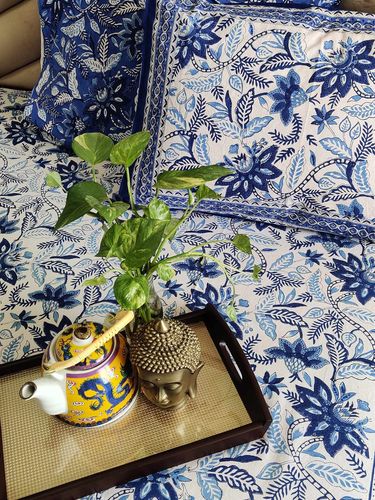 White & Blue Floral Block Printed Double Bed Sheet