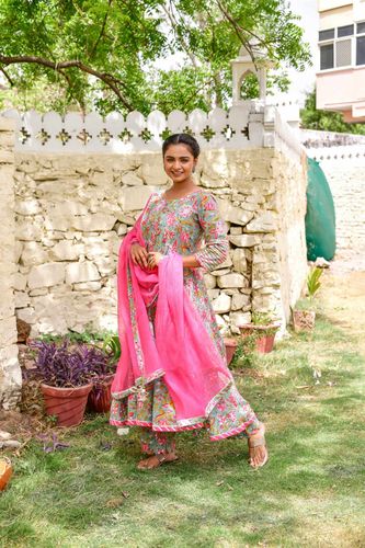 Sea Green & Pink Kalidar Suit Set