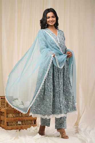 Blue Printed Front Gathered Anarkali