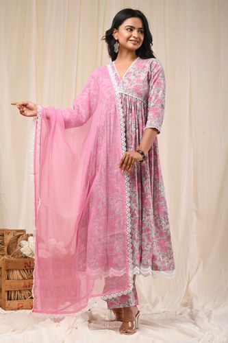 Pink Printed Front Gathered Anarkali