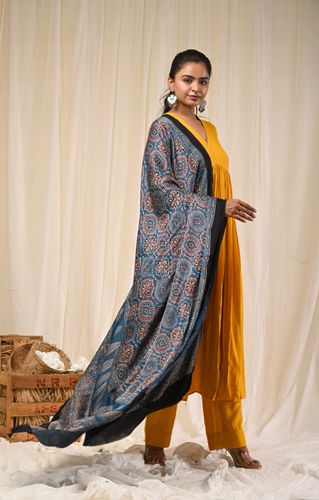 Mustard Anarakali with Ajrak Dupatta