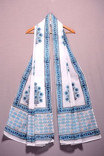 Turquoise and White Handblock Dupatta