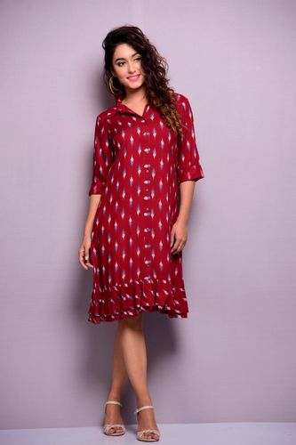 Maroon Frill Knee Length Dress