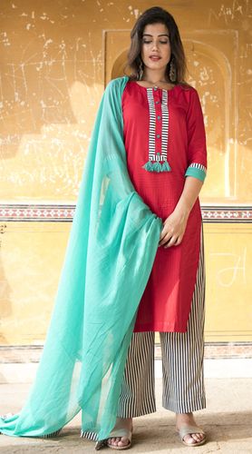 Red Kurta With Striped Palazzo And Dupatta