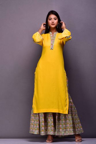 Yellow Gota Kurta With Handblock Garara