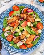 spring chicken, avocado, tomato, and spinach salad