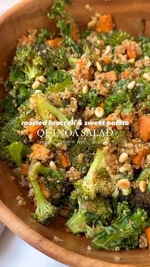 roasted broccoli and sweet potato quinoa salad with miso vinaigrette