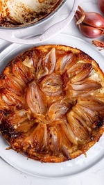 shallot tarte tatin with lemony cardamom ricotta