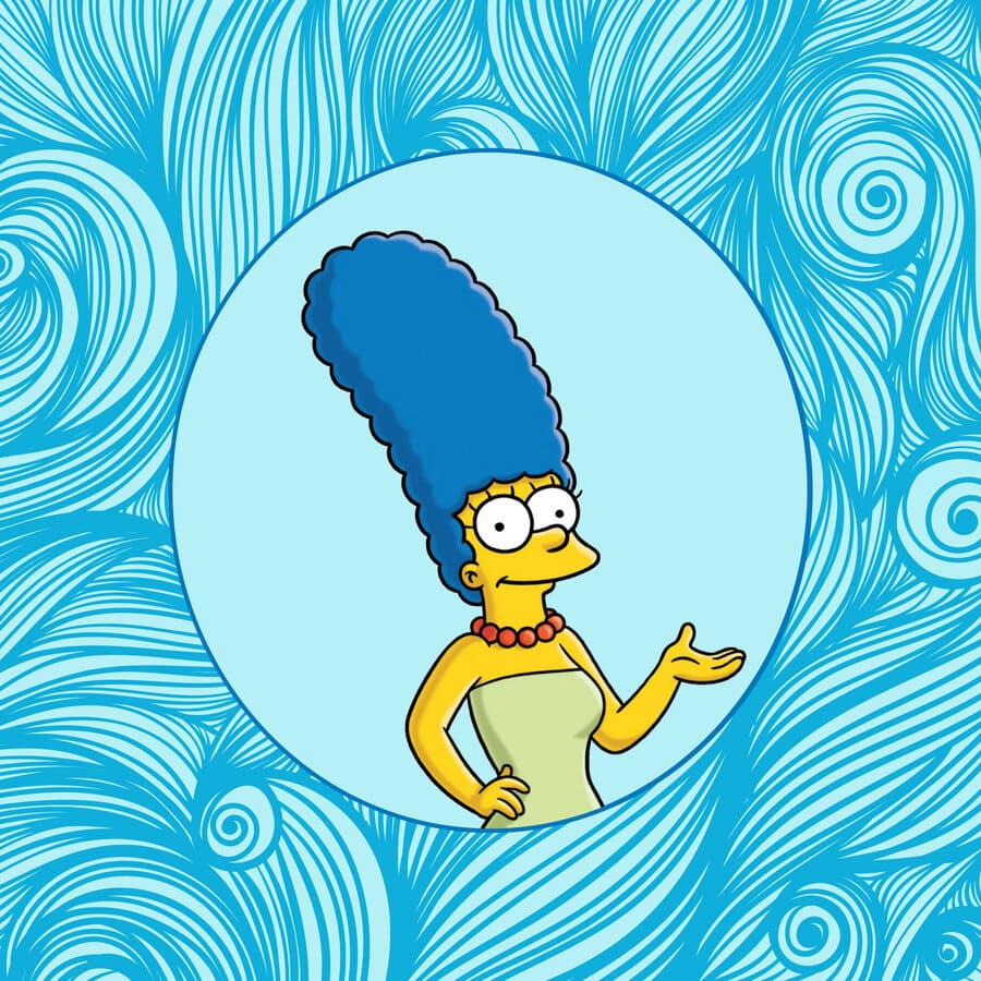 Los Simpson, Marge, cabello azul, vestido verde, emociones, actitud