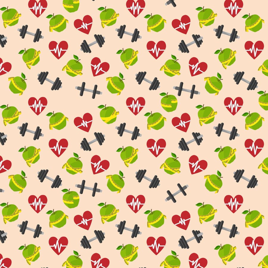 Manzana verde, salud, vida, fitness, pesas de ejercicio, corazones, ritmo cardiaco, centímetro, medidas