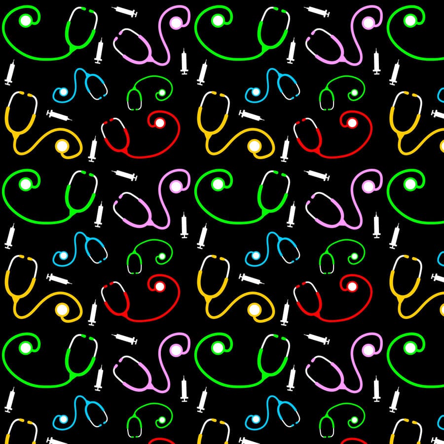 Cardiología, estetoscopios, colores, jeringas