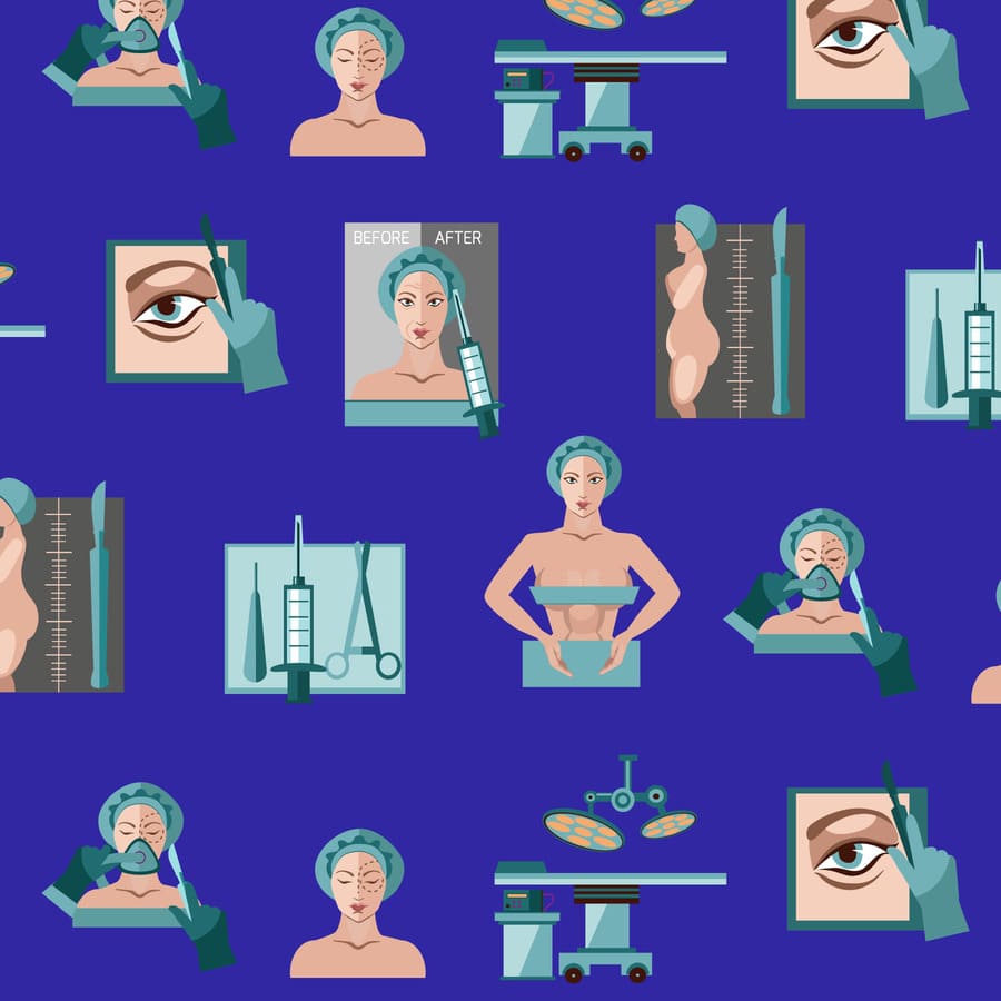 Cirugía, estética, medidas corporales, instrumentos, tijeras, jeringas, mesa del quirófano, mujer