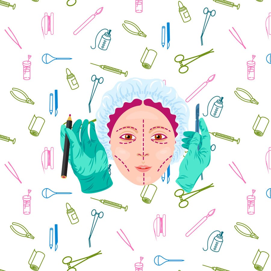 Cirugía plástica, pinzas, tijeras, papel, bisturí, abdominoplastia, mamoplastia, rinoplastia