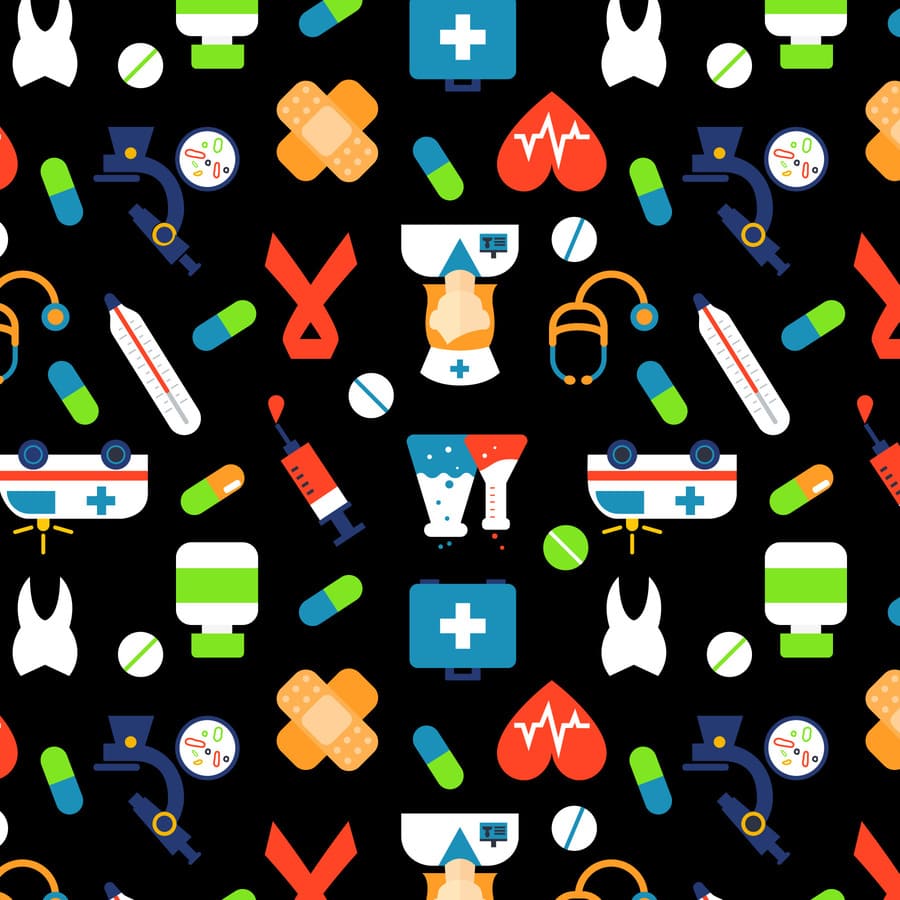 Enfermería, botiquín de primeros auxilios, medicamentos, corazones, microscopio