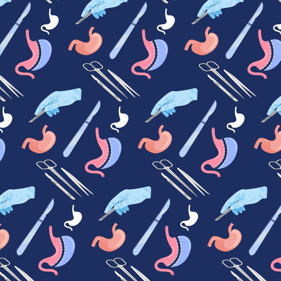Gastroenterología, estómago, bisturí, guantes, pinzas, tijeras