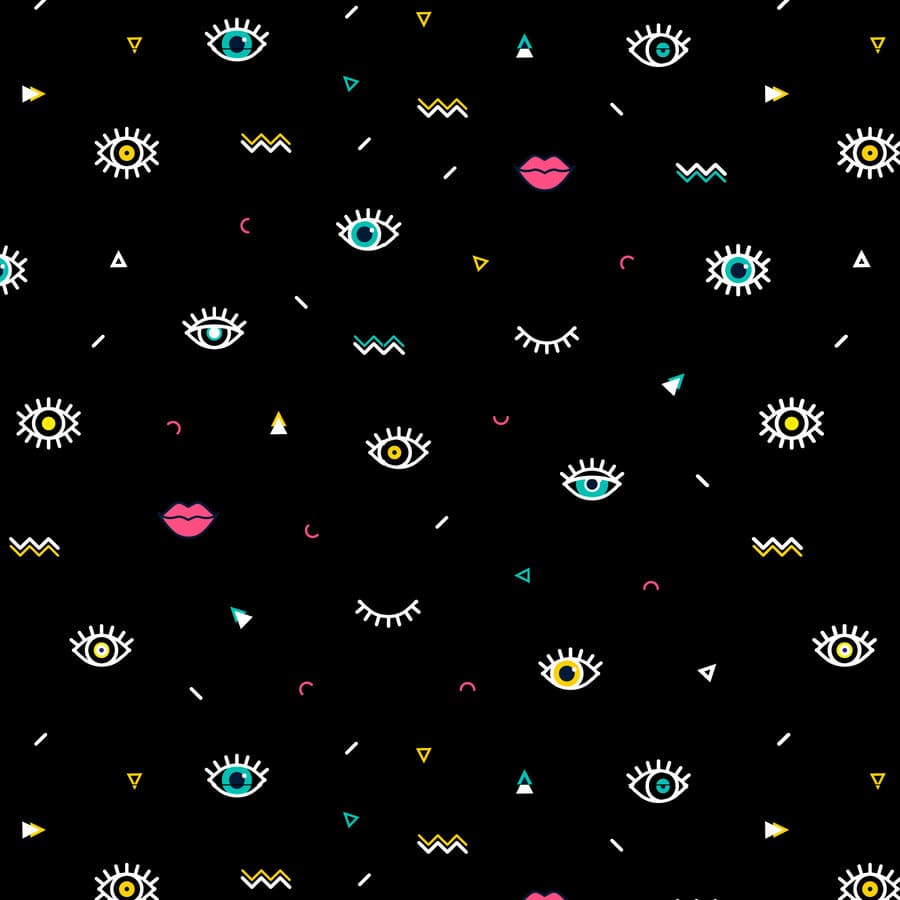 Oftalmología, ojos en vectores, figuras geométricas, labios rosas