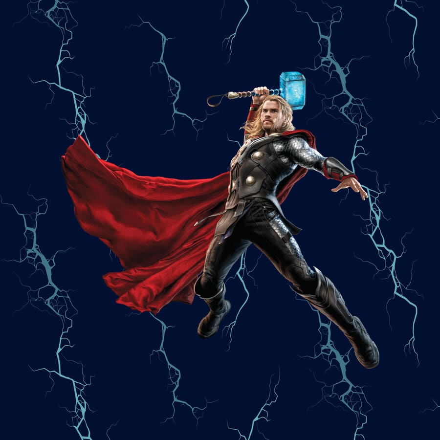 Thor, personaje, animado, truenos, martillos, voladores, capa roja.
