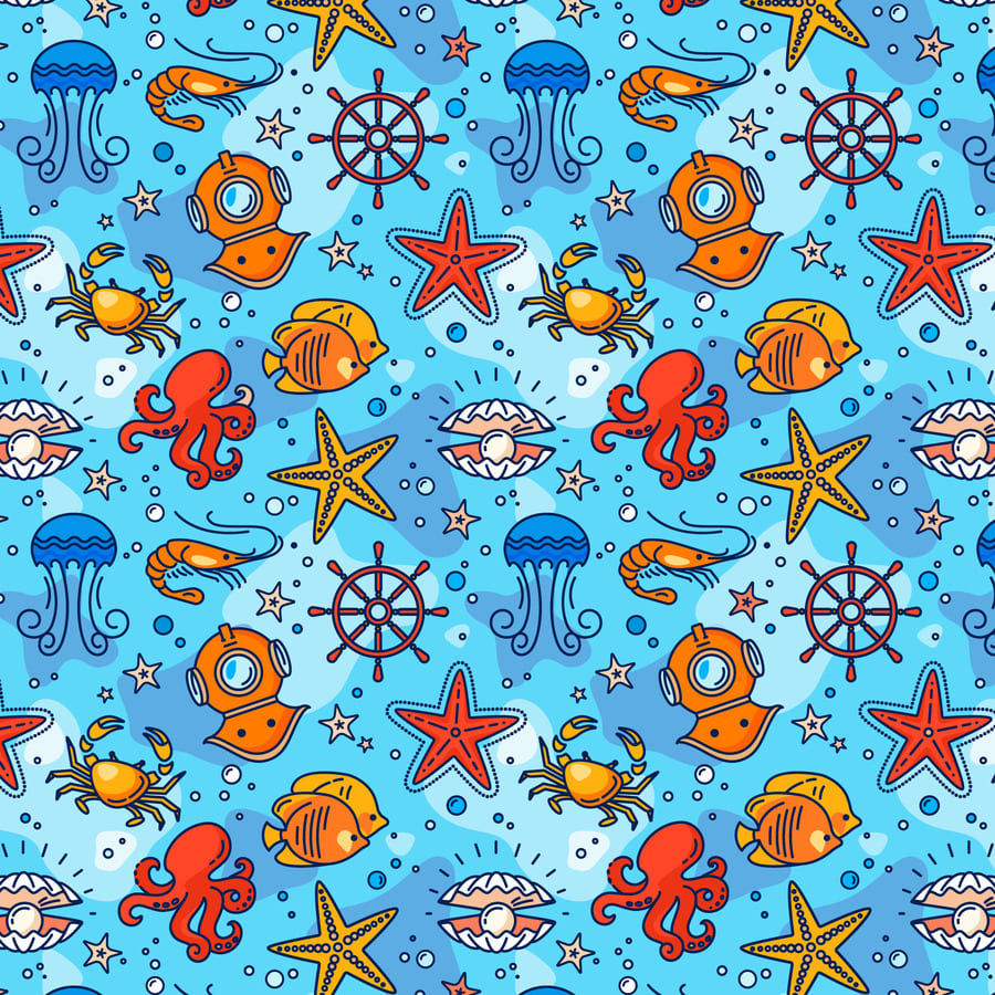 Crustáceos, peces, pulpos, estrellas de mar, mares, cangrejos, medusas, langostas.