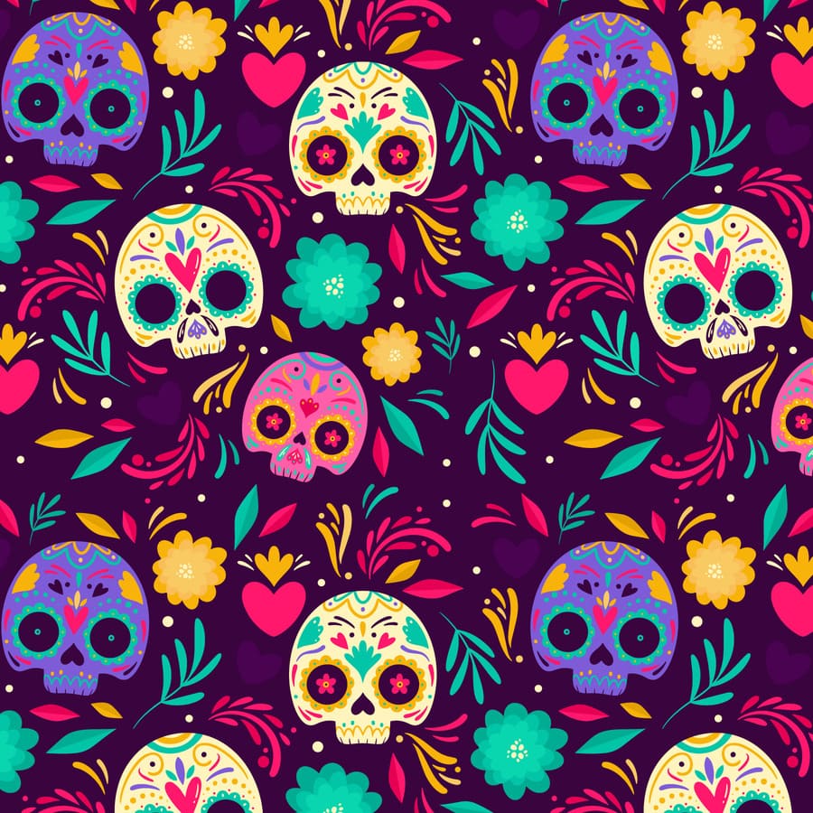 Calaveras, siluetas, flores, rosas, hojas, color.
