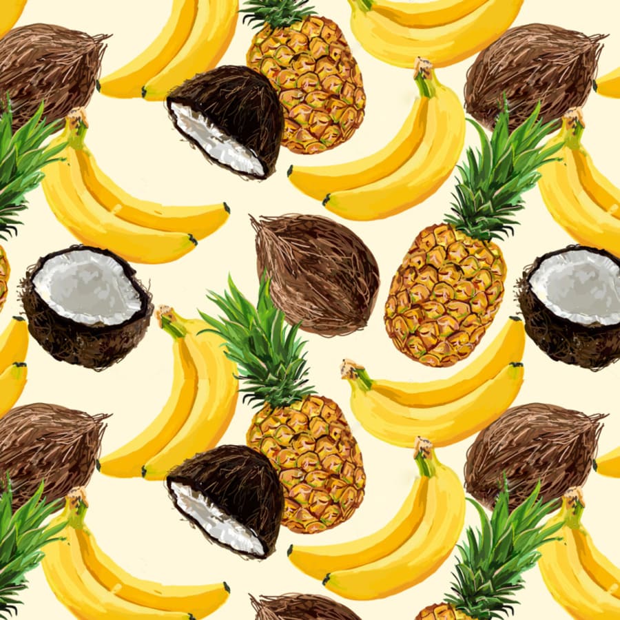 Frutas tropicales, bananas, cocos, piña.