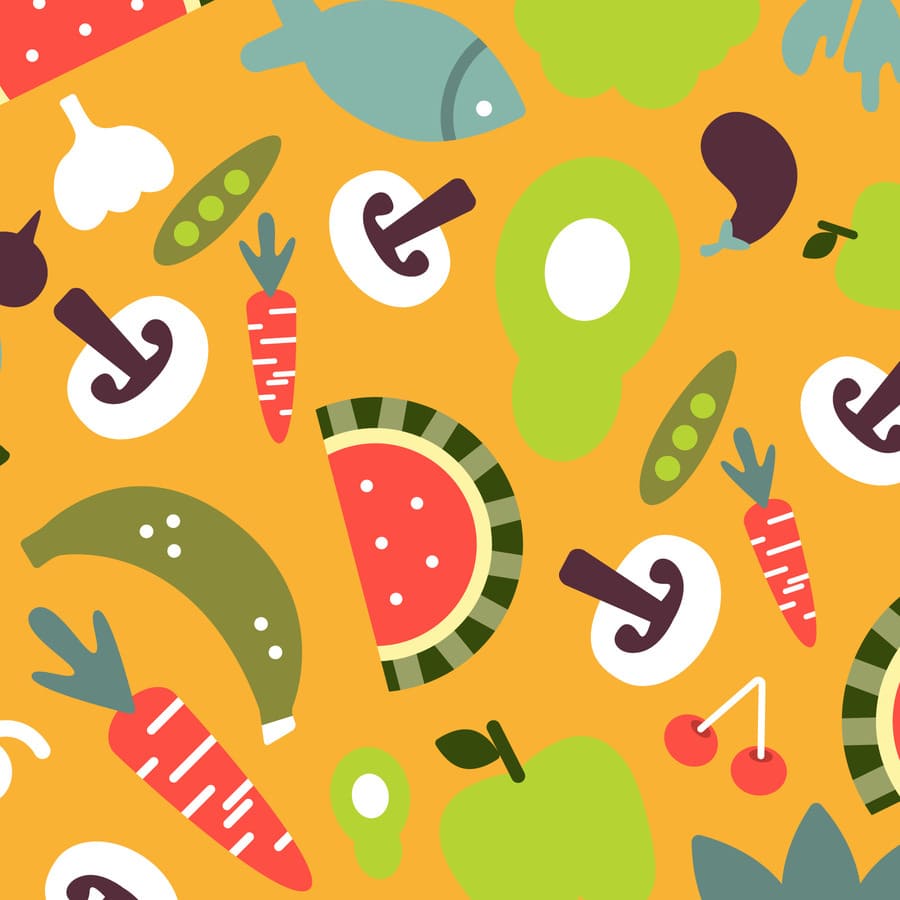 Frutos, colores, hongos, sandías, zanahoria, ají, banana.