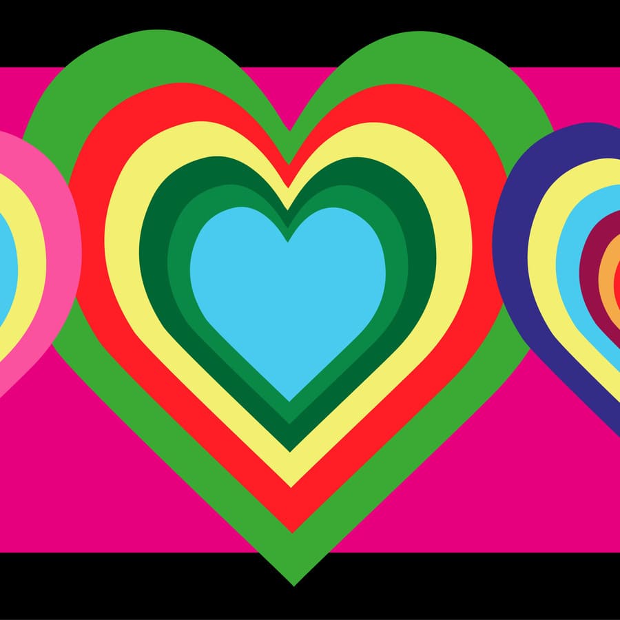 Formas, siluetas, corazones, azul, rojo, verde.