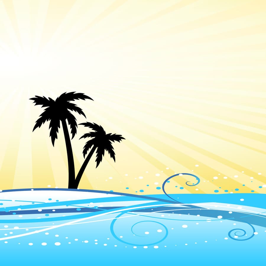 Mar, océano, palmeras, rayos solares, sol, agua.