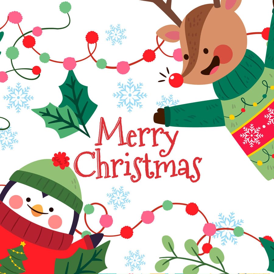 Navidad, festividad, luces de colores, rebaño, pingüino, copos de nieves.